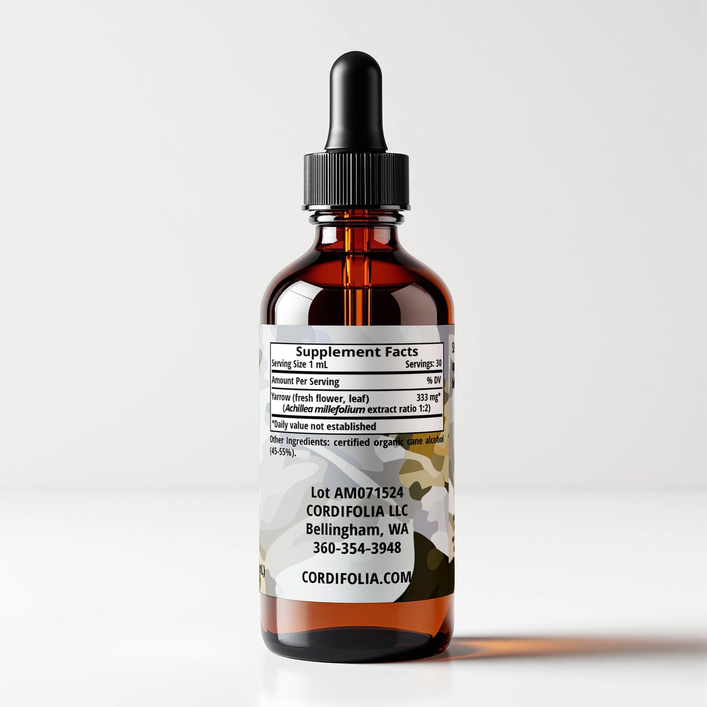 Yarrow tincture bottle 1 FL OZ, Achillea millefolium, side panel view, supplement facts and ingredients list. Cordifolia brand.