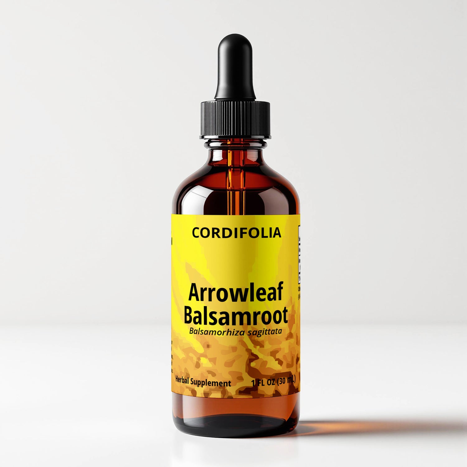 Arrowleaf Balsamroot (Balsamorhiza sagittata) herbal tincture bottle, front label panel view, yellow abstract macrophotography art, CORDIFOLIA brand.