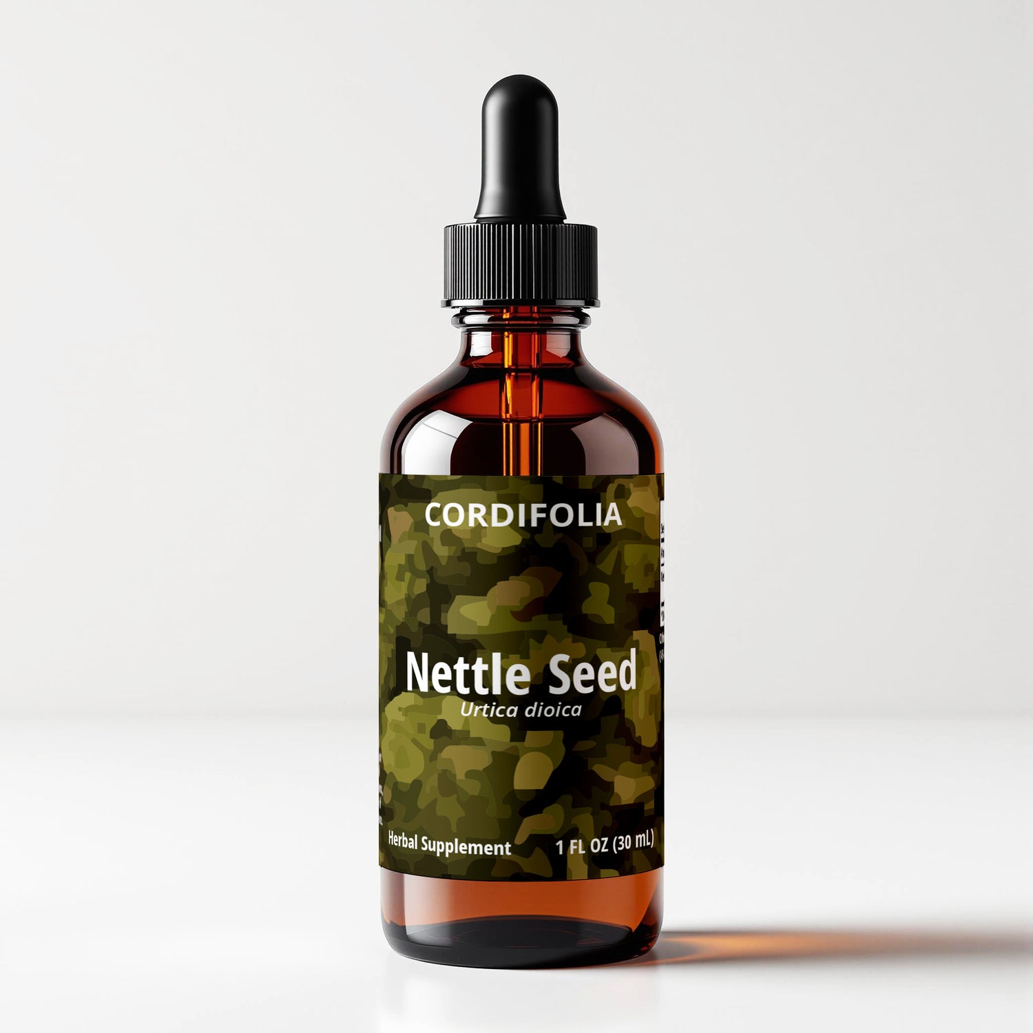 Nettle Seed (Urtica dioica) herbal tincture bottle, front label panel view, green abstract macrophotography art, CORDIFOLIA brand.