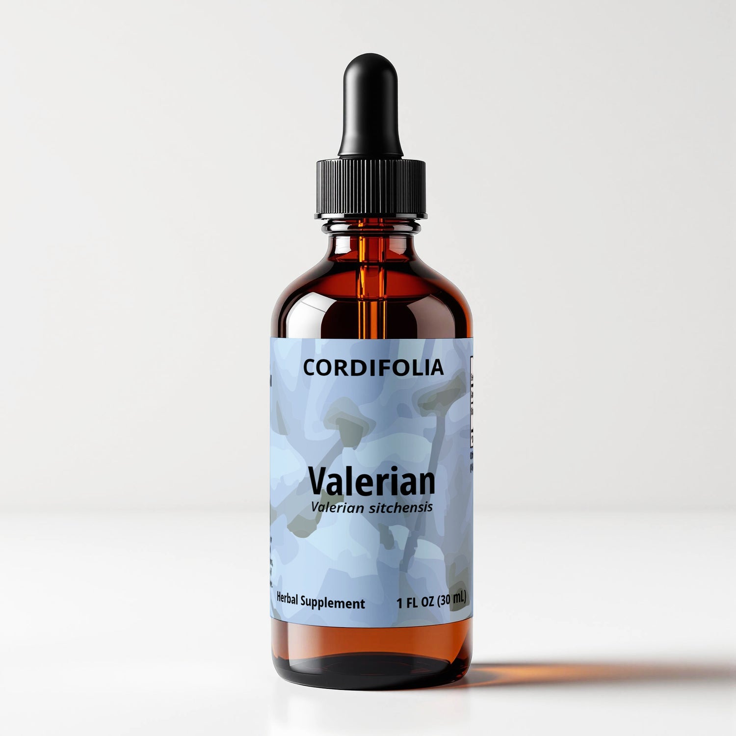Valerian, Valerian sitchensis, tincture bottle 1 FL OZ, front label panel view. Cordifolia brand.